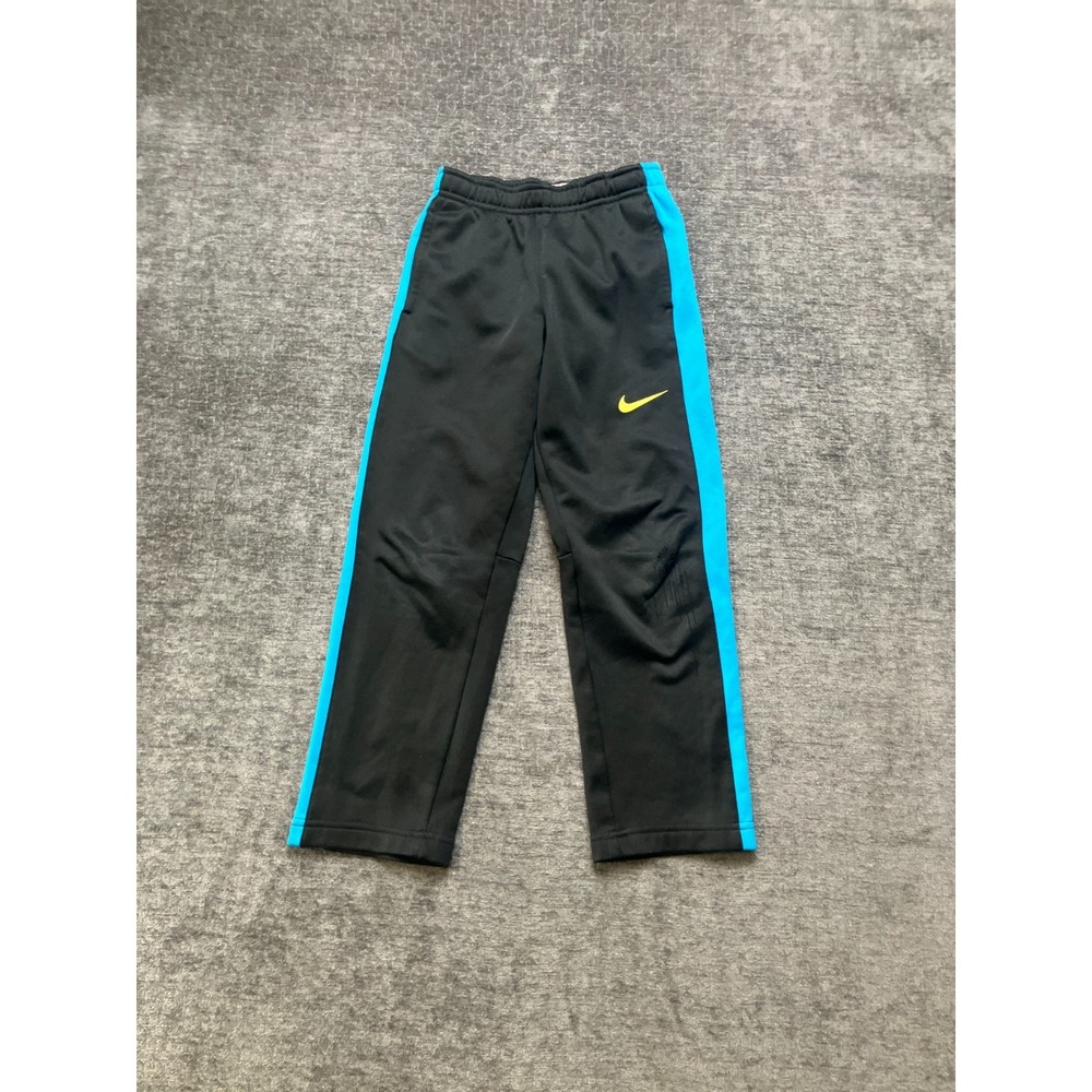 Nike Therma Fit Sweatpants Boys 6 Black Blue Fleece Lined Swoosh Elastic Waist